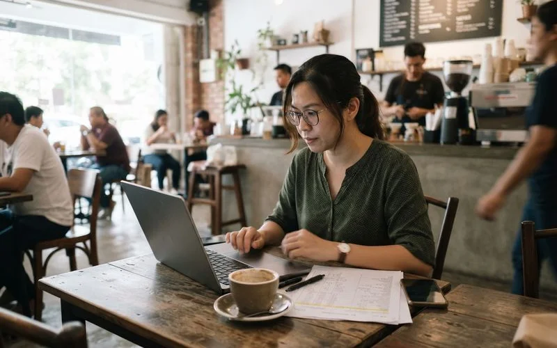 A laptop and notebook on a cafe table showing a spreadsheet of business listings being checked against a phone
