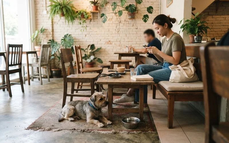 A dog resting under a cafe table next to a customer's cup and pastry plate on a wooden surface