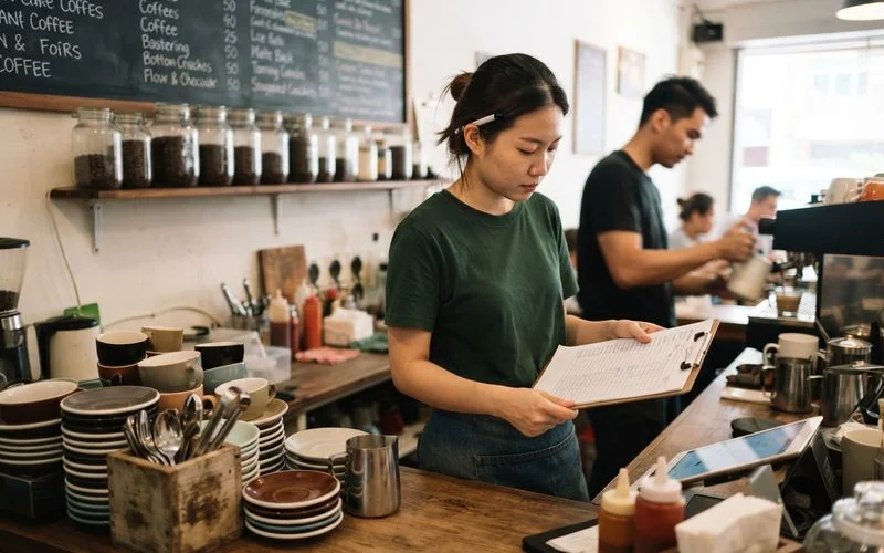 A cozy Puchong cafe interior with a barista preparing specialty coffee while customers work on laptops near a window